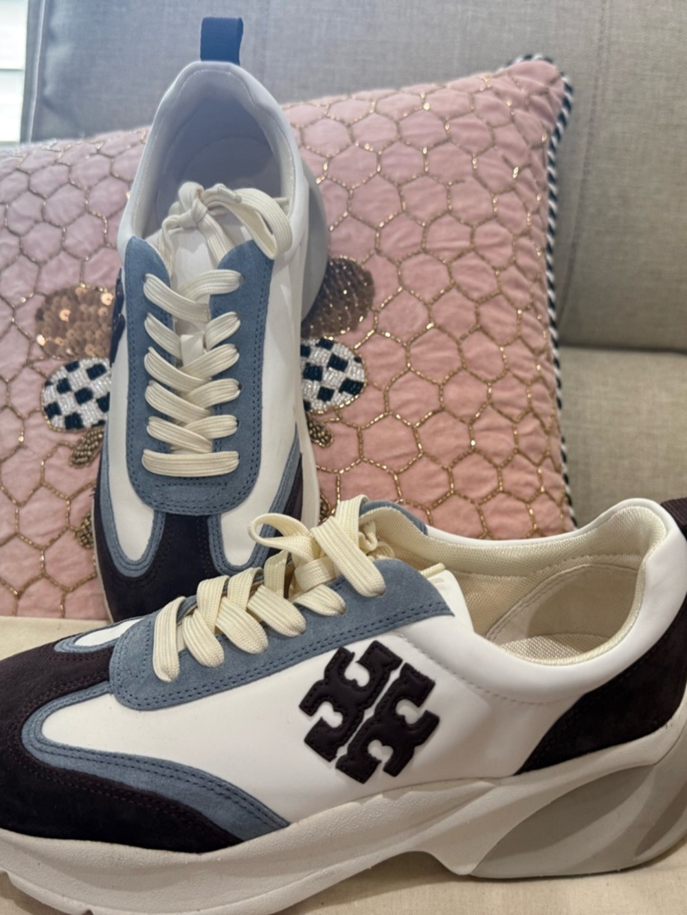 Tory Burch Good Luck Trainer Sneakers Size 8 White Blue Burgundy NWT